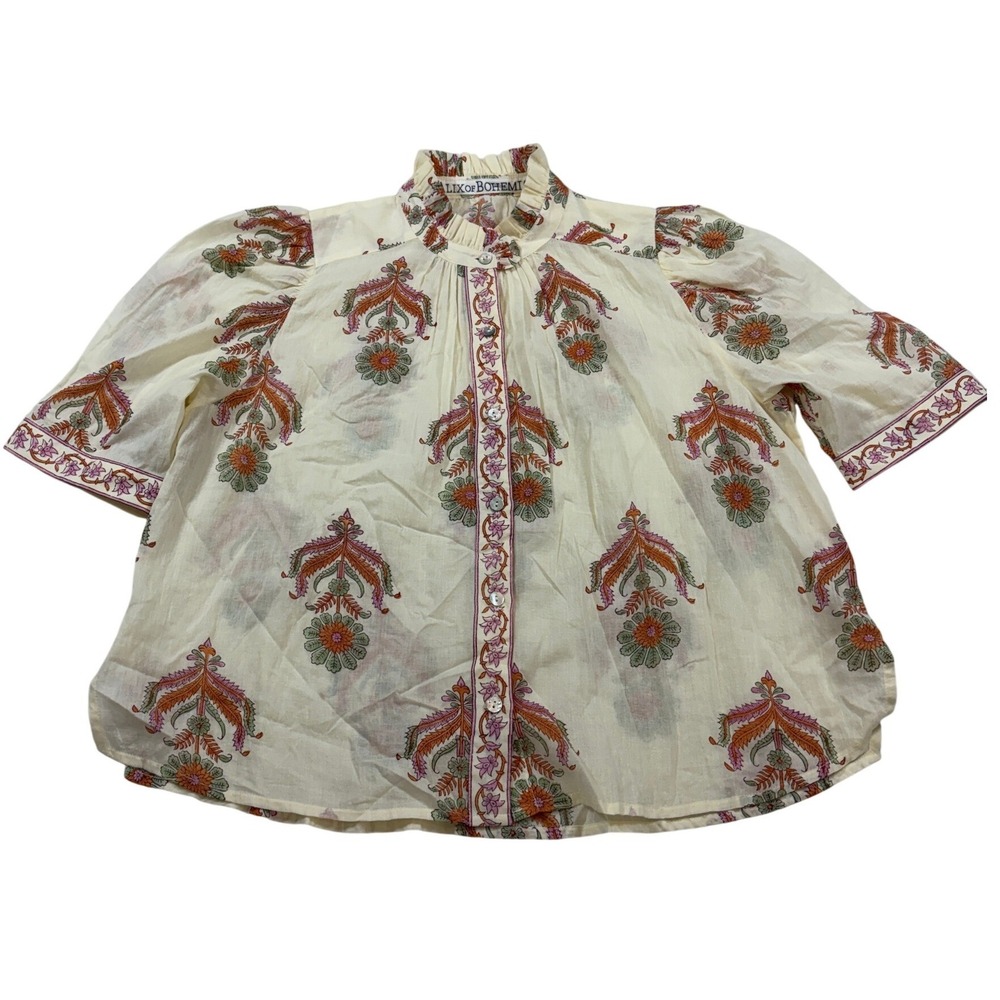 Alix of Bohemia Cotton Block Print Ruffle Neck Puff Sleeve Blouse Cream Small